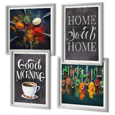 Set de cuadros modernos para salón con diseño de especias, café, taza y hierbas