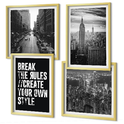 Set de 4 cuadros para salón Calles de la ciudad, inspiración en blanco y negro