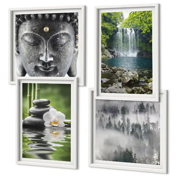 Set de cuadros modernos para salón con diseño de armonía de la naturaleza, piedras, agua y Buda