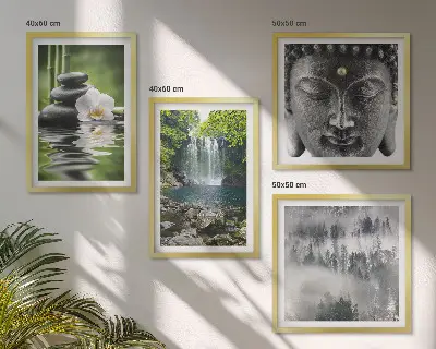 Set de cuadros modernos para salón con diseño de armonía de la naturaleza, piedras, agua y Buda
