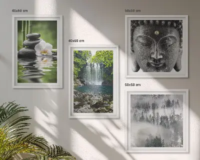 Set de cuadros modernos para salón con diseño de armonía de la naturaleza, piedras, agua y Buda