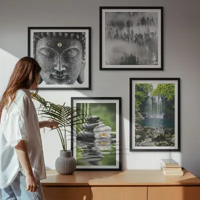 Set de cuadros modernos para salón con diseño de armonía de la naturaleza, piedras, agua y Buda
