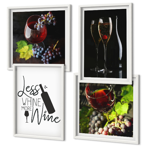 Set de 4 cuadros para salón Copas de vino con uvas e inscripción