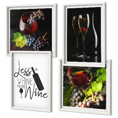 Set de 4 cuadros para salón Copas de vino con uvas e inscripción