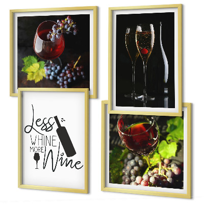 Set de 4 cuadros para salón Copas de vino con uvas e inscripción