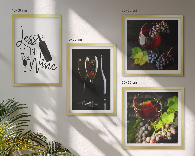 Set de 4 cuadros para salón Copas de vino con uvas e inscripción