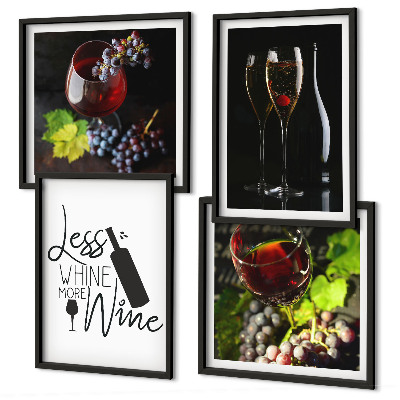 Set de 4 cuadros para salón Copas de vino con uvas e inscripción