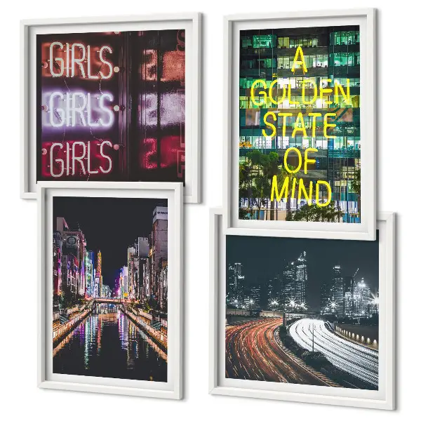 Set de 4 cuadros decorativos diseño de letreros de neón en la ciudad por la noche