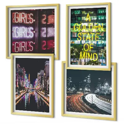 Set de 4 cuadros decorativos diseño de letreros de neón en la ciudad por la noche