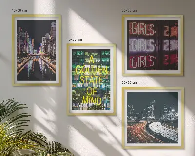 Set de 4 cuadros decorativos diseño de letreros de neón en la ciudad por la noche