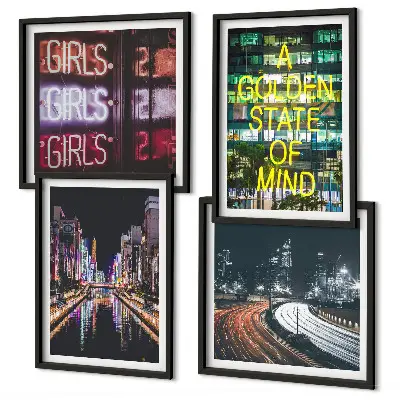 Set de 4 cuadros decorativos diseño de letreros de neón en la ciudad por la noche
