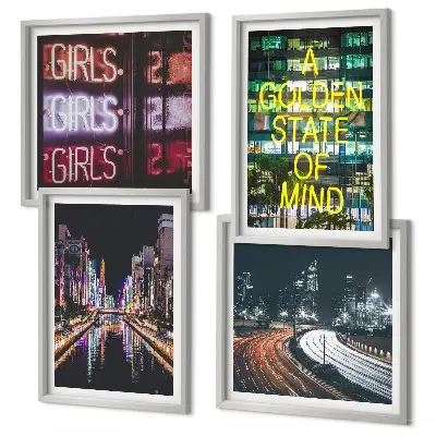 Set de 4 cuadros decorativos diseño de letreros de neón en la ciudad por la noche