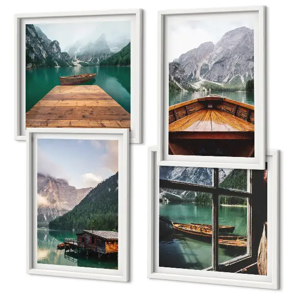 Galería de pared con paisajes de montaña cabañas y barcos