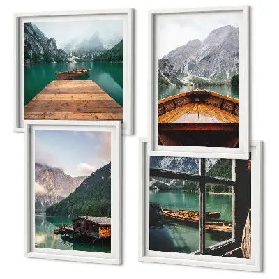 Galería de pared con paisajes de montaña cabañas y barcos