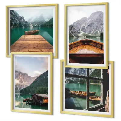 Galería de pared con paisajes de montaña cabañas y barcos