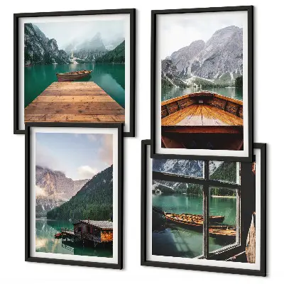 Galería de pared con paisajes de montaña cabañas y barcos