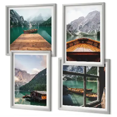 Galería de pared con paisajes de montaña cabañas y barcos