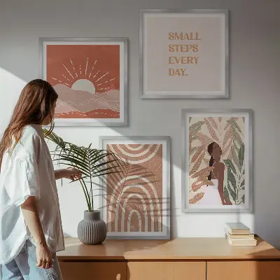 Set de 4 cuadros para salón diseño de formas abstractas bohemias