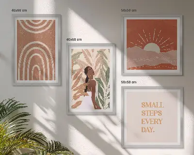 Set de 4 cuadros para salón diseño de formas abstractas bohemias