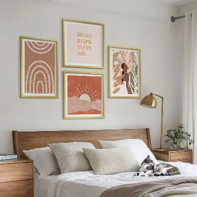 Set de 4 cuadros para salón diseño de formas abstractas bohemias