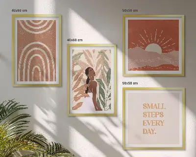 Set de 4 cuadros para salón diseño de formas abstractas bohemias