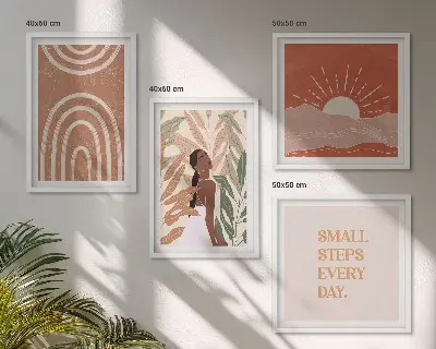 Set de 4 cuadros para salón diseño de formas abstractas bohemias