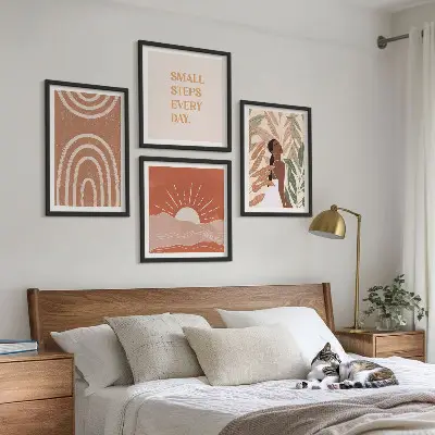 Set de 4 cuadros para salón diseño de formas abstractas bohemias