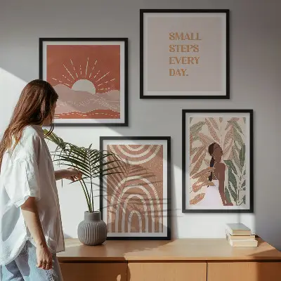 Set de 4 cuadros para salón diseño de formas abstractas bohemias