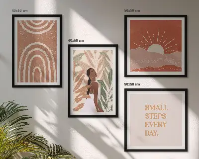 Set de 4 cuadros para salón diseño de formas abstractas bohemias