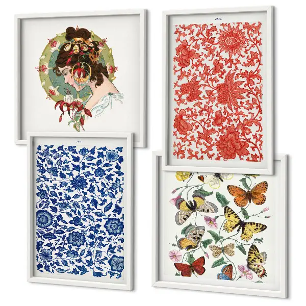 Galería de pared con adornos vintage de flores y mariposas