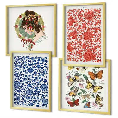 Galería de pared con adornos vintage de flores y mariposas