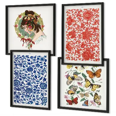 Galería de pared con adornos vintage de flores y mariposas