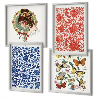 Galería de pared con adornos vintage de flores y mariposas