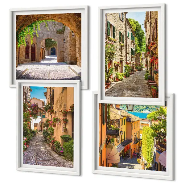 Set de cuadros modernos para salón con motivos de calles italianas, flores y arquitectura