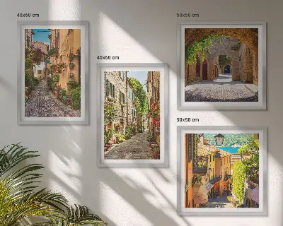 Set de cuadros modernos para salón con motivos de calles italianas, flores y arquitectura