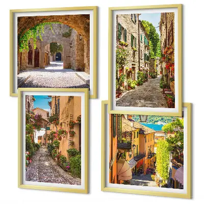 Set de cuadros modernos para salón con motivos de calles italianas, flores y arquitectura