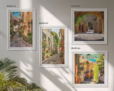 Set de cuadros modernos para salón con motivos de calles italianas, flores y arquitectura
