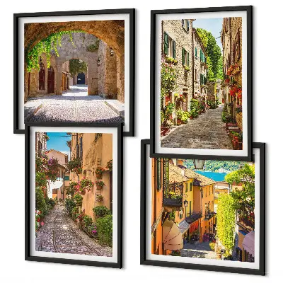 Set de cuadros modernos para salón con motivos de calles italianas, flores y arquitectura