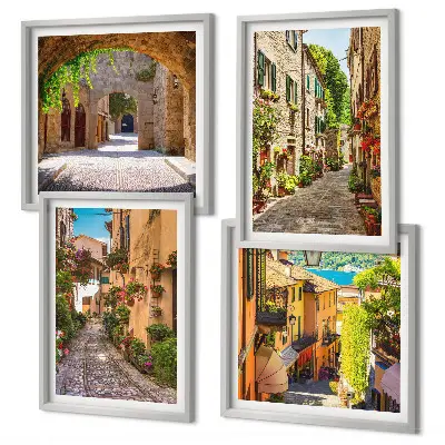 Set de cuadros modernos para salón con motivos de calles italianas, flores y arquitectura