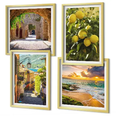 Set de cuadros modernos para salón con diseño de calles pintorescas junto al mar y la playa