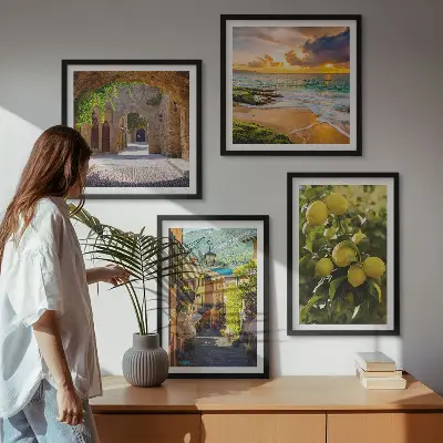 Set de cuadros modernos para salón con diseño de calles pintorescas junto al mar y la playa
