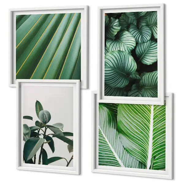 Set de 4 cuadros para salón diseño de hojas tropicales en verde