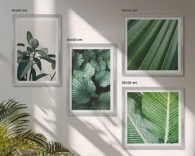 Set de 4 cuadros para salón diseño de hojas tropicales en verde