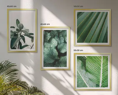 Set de 4 cuadros para salón diseño de hojas tropicales en verde
