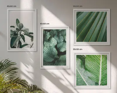 Set de 4 cuadros para salón diseño de hojas tropicales en verde