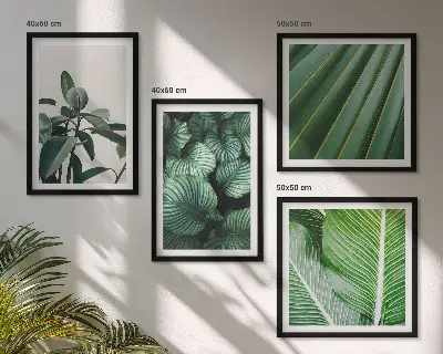 Set de 4 cuadros para salón diseño de hojas tropicales en verde