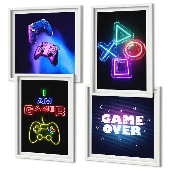 Set de cuadros modernos para salón diseño con mandos de videojuegos e iconos de jugador