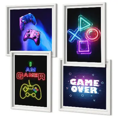 Set de cuadros modernos para salón diseño con mandos de videojuegos e iconos de jugador