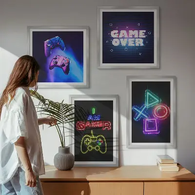 Set de cuadros modernos para salón diseño con mandos de videojuegos e iconos de jugador