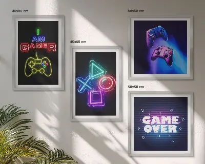 Set de cuadros modernos para salón diseño con mandos de videojuegos e iconos de jugador